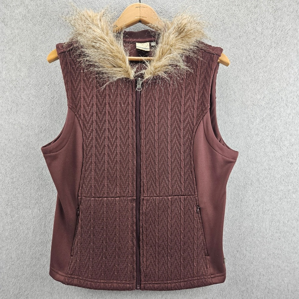 FADE BY BKE Vest Women L Burgundy Faux Fur Trim Hooded Cable Knit Outerwear